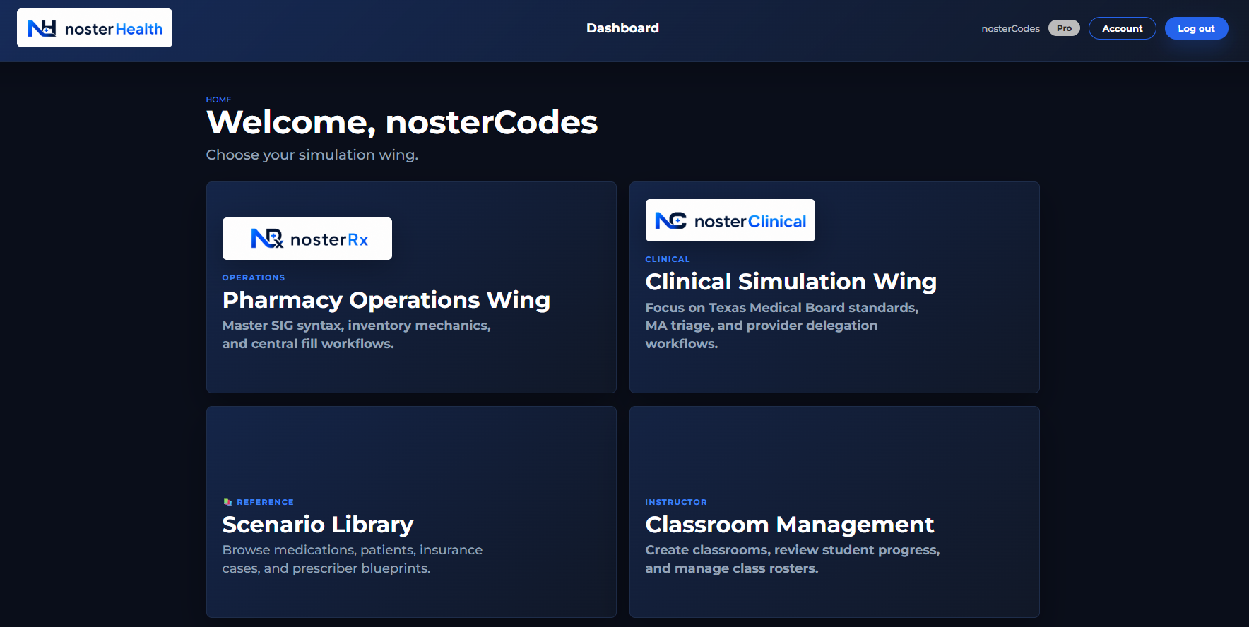 nosterHealth dashboard with the Pharmacy Operations and Clinical Simulation wings